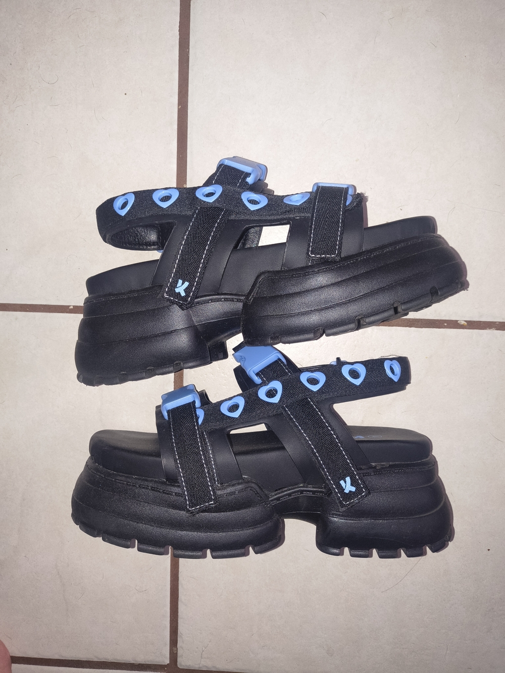 koi Black Platform Sandals with Light Blue Accents